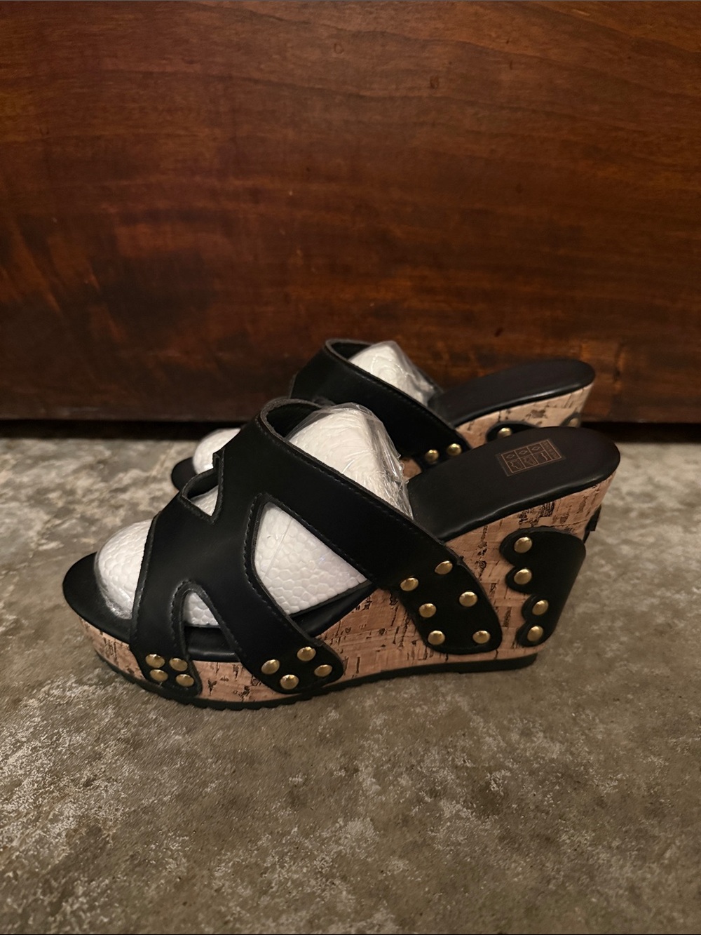 Black Cork Wedge Sandals with Stud Detail - Women